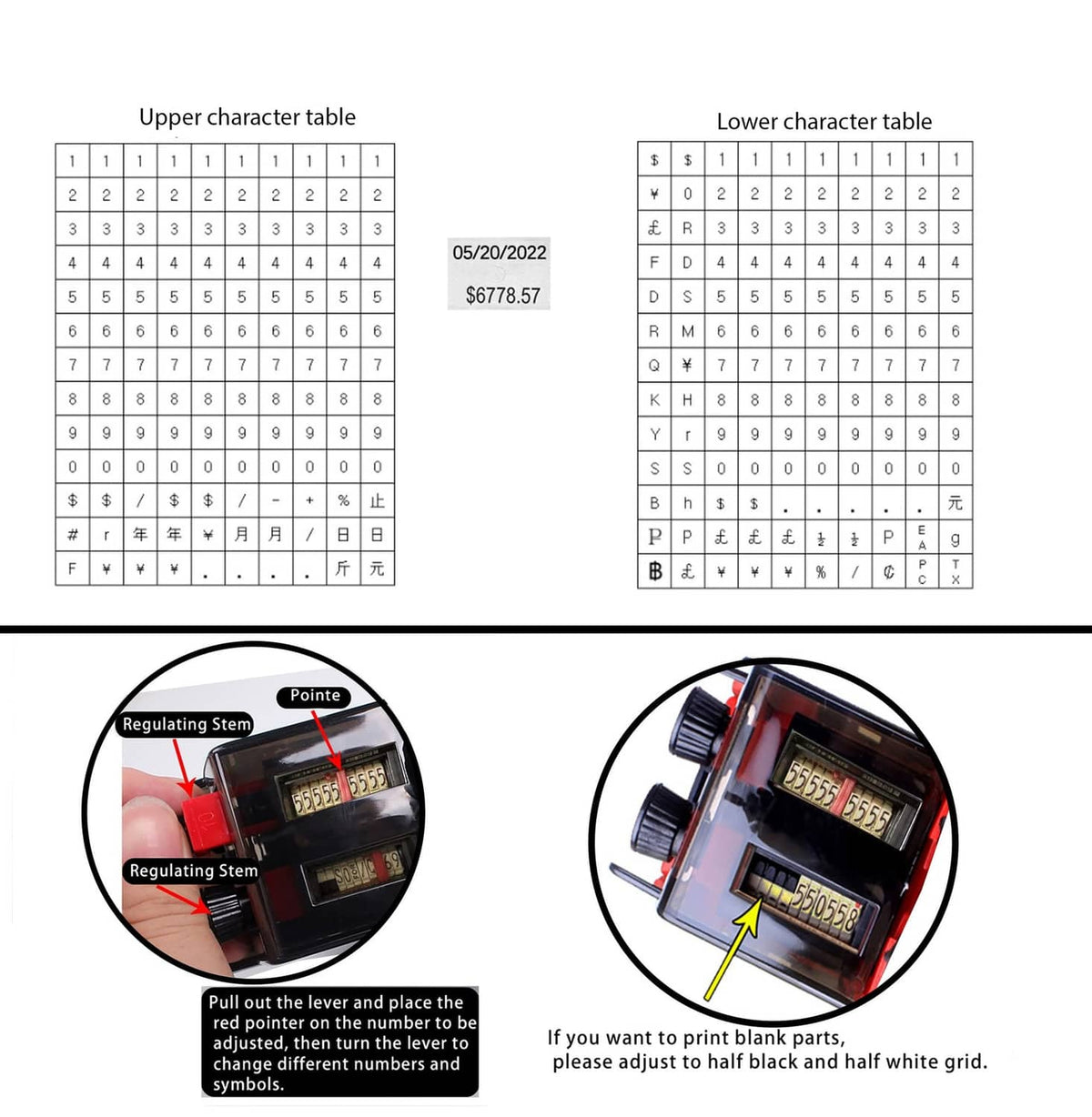 Price label gun print character chart and ink wheel adjustment diagram