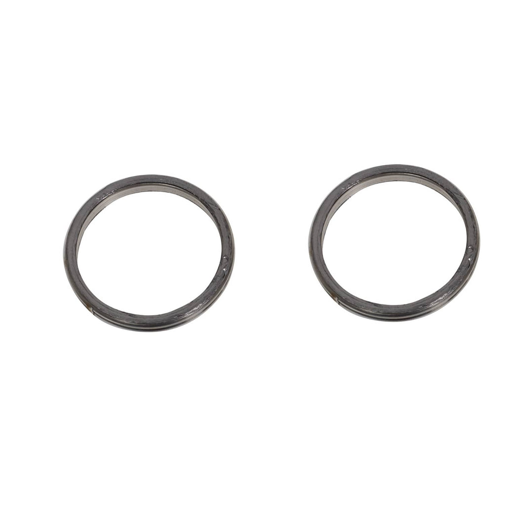 Two silver metal piston rings with textured outer edge
