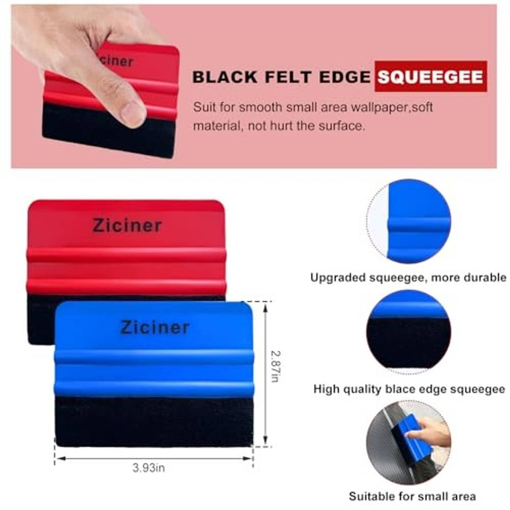 Red and blue felt edge squeegees with black fabric pads, showing tool sizes