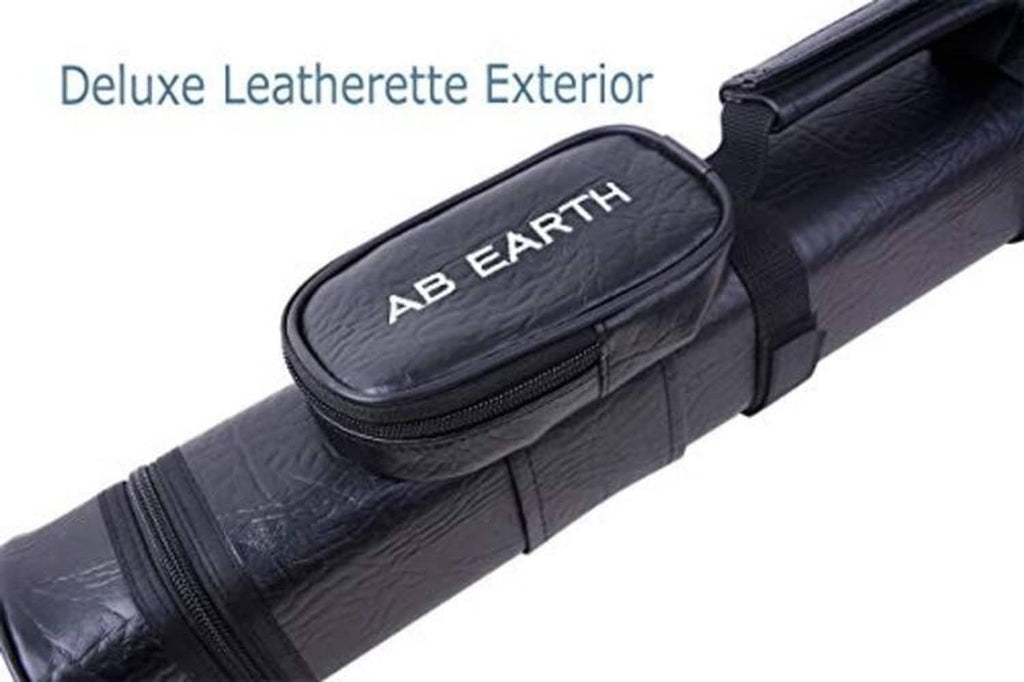 Black AB EARTH leatherette cue case with zippered end pocket and straps