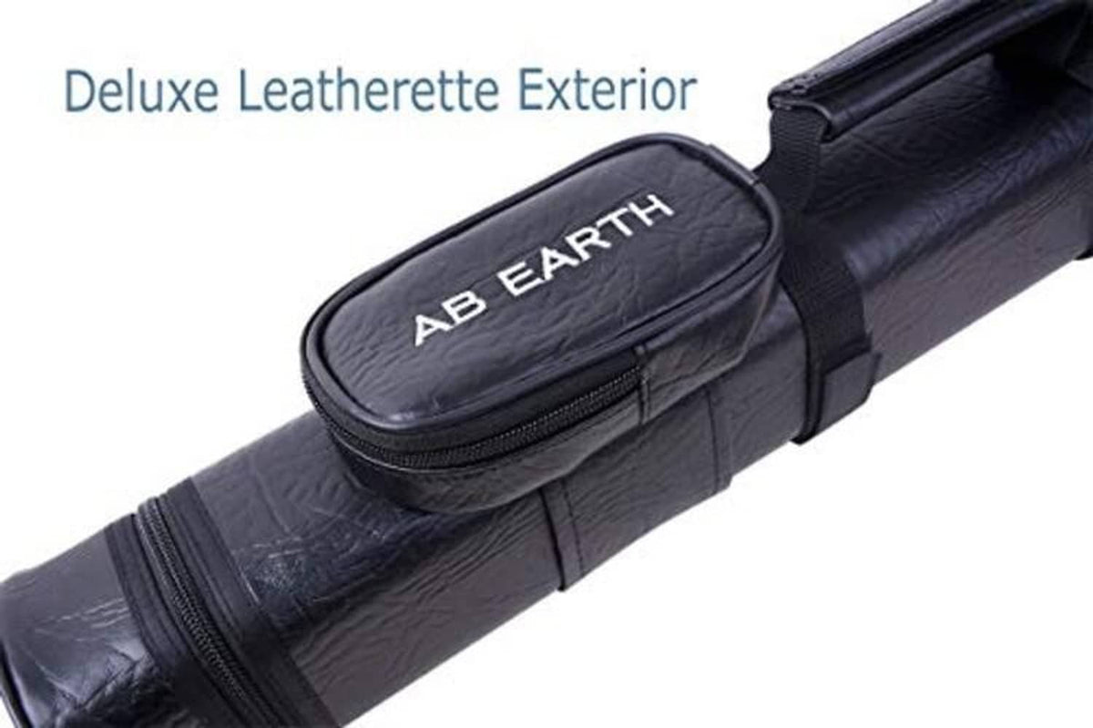 Black AB EARTH leatherette cue case with zippered end pocket and straps