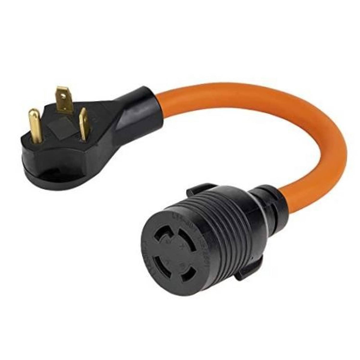 30-amp RV power adapter with orange cable and black TT-30P plug to L14-30R socket