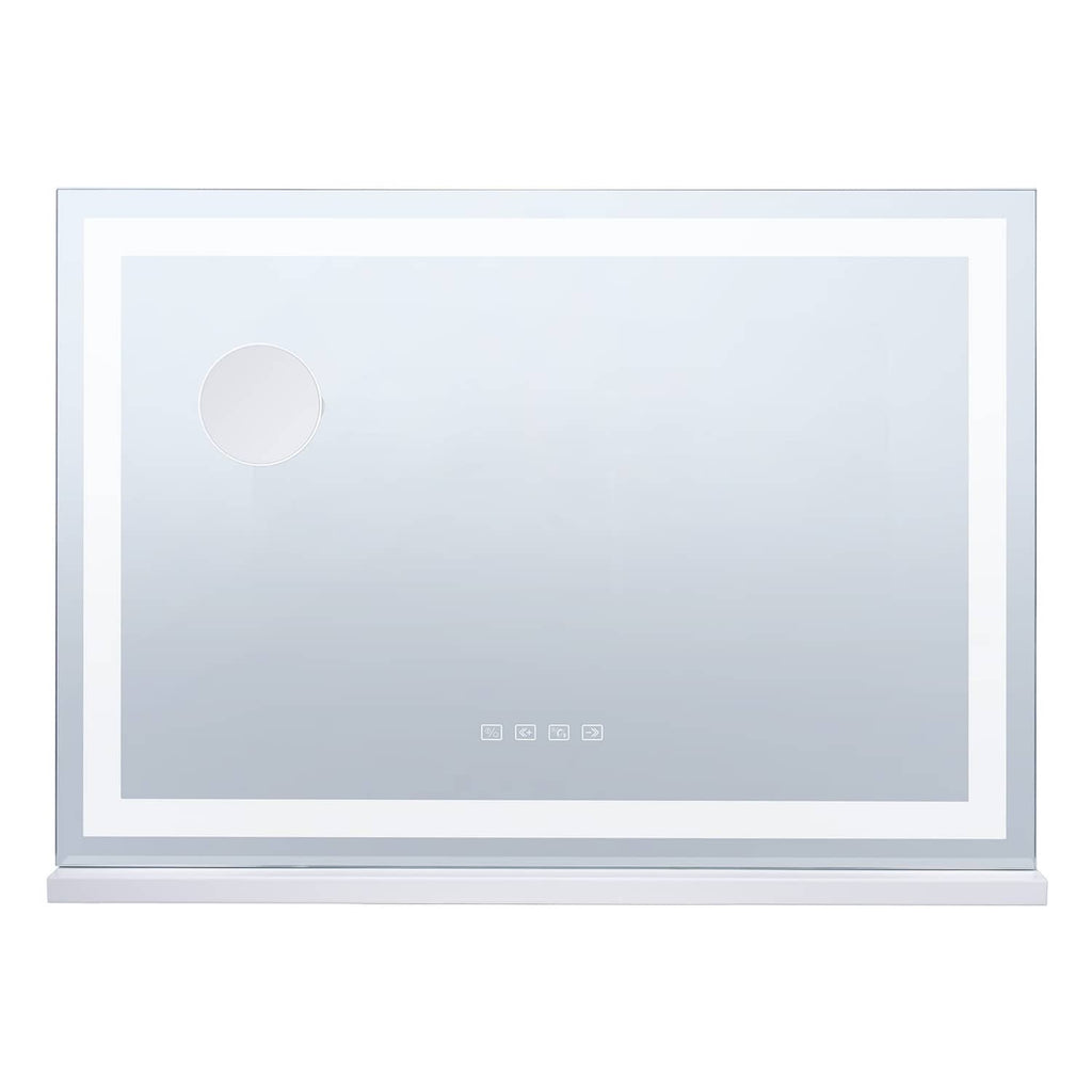 White square LED vanity makeup mirror on stand with round power button