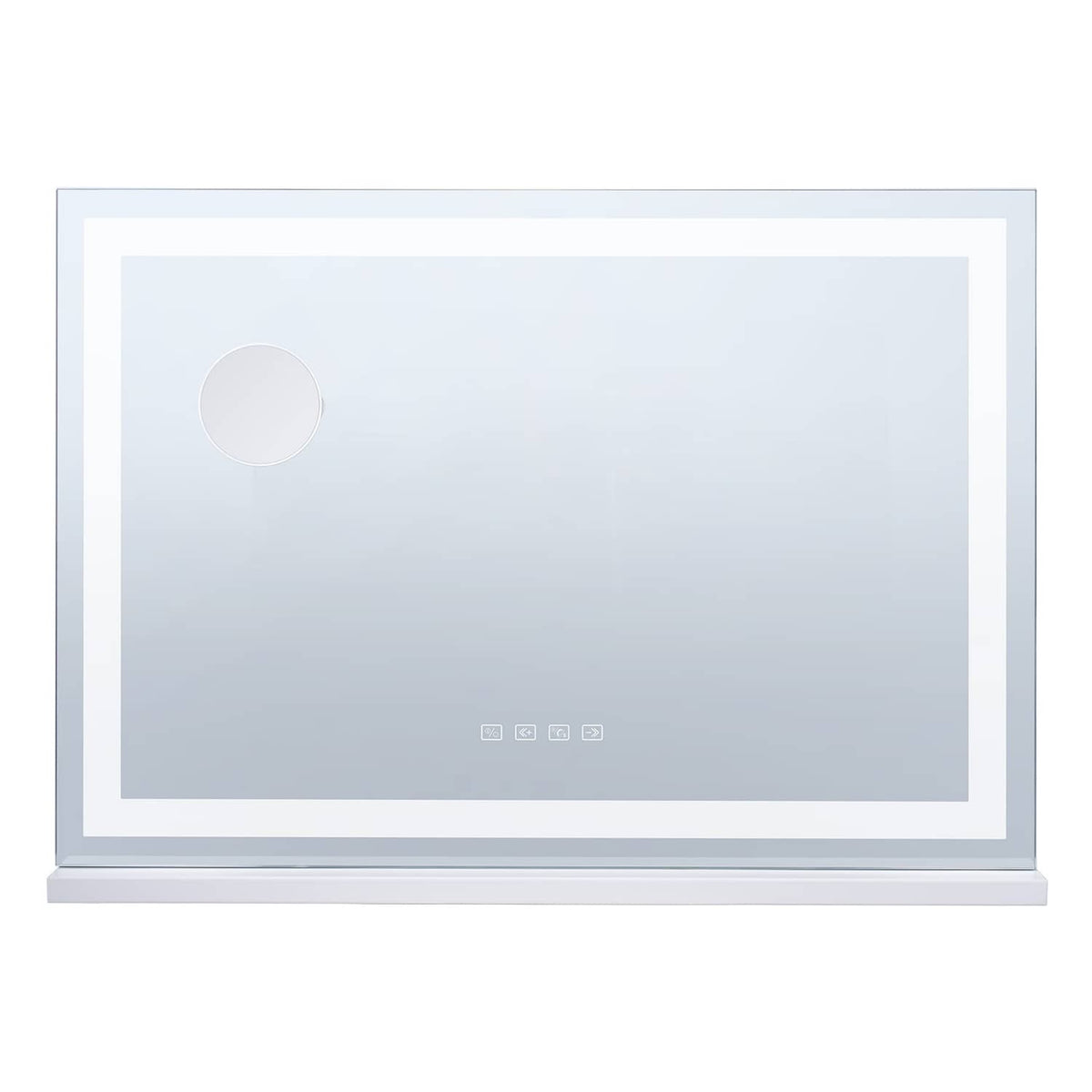 White square LED vanity makeup mirror on stand with round power button