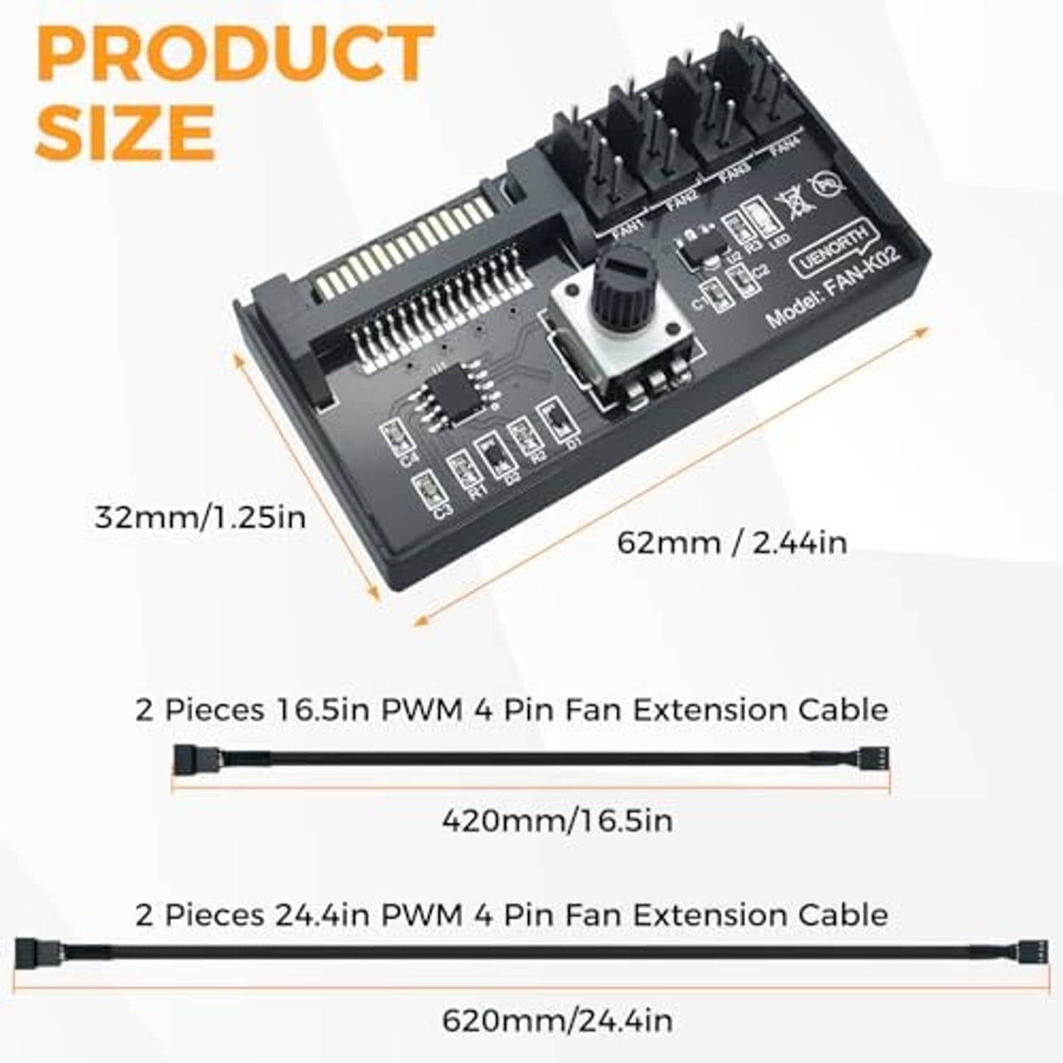 PC PWM fan speed controller hub with included 4-pin PWM extension cables in varying lengths