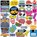 Colorful 90s photo booth prop cutouts with slogans, hats, glasses, masks, and mustaches