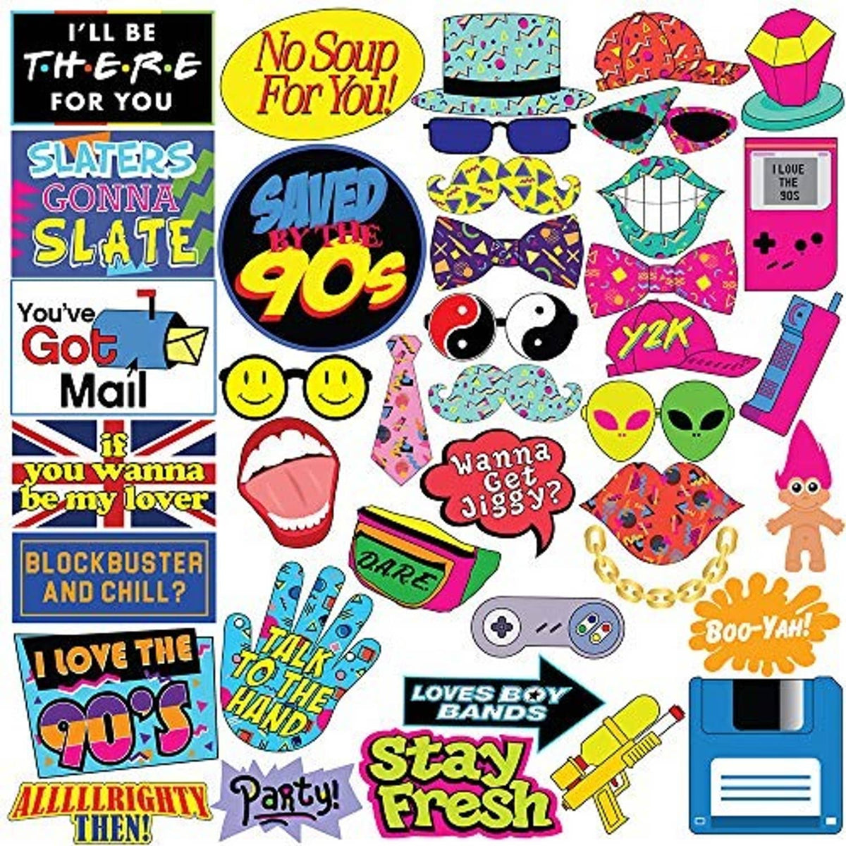 Colorful 90s photo booth prop cutouts with slogans, hats, glasses, masks, and mustaches