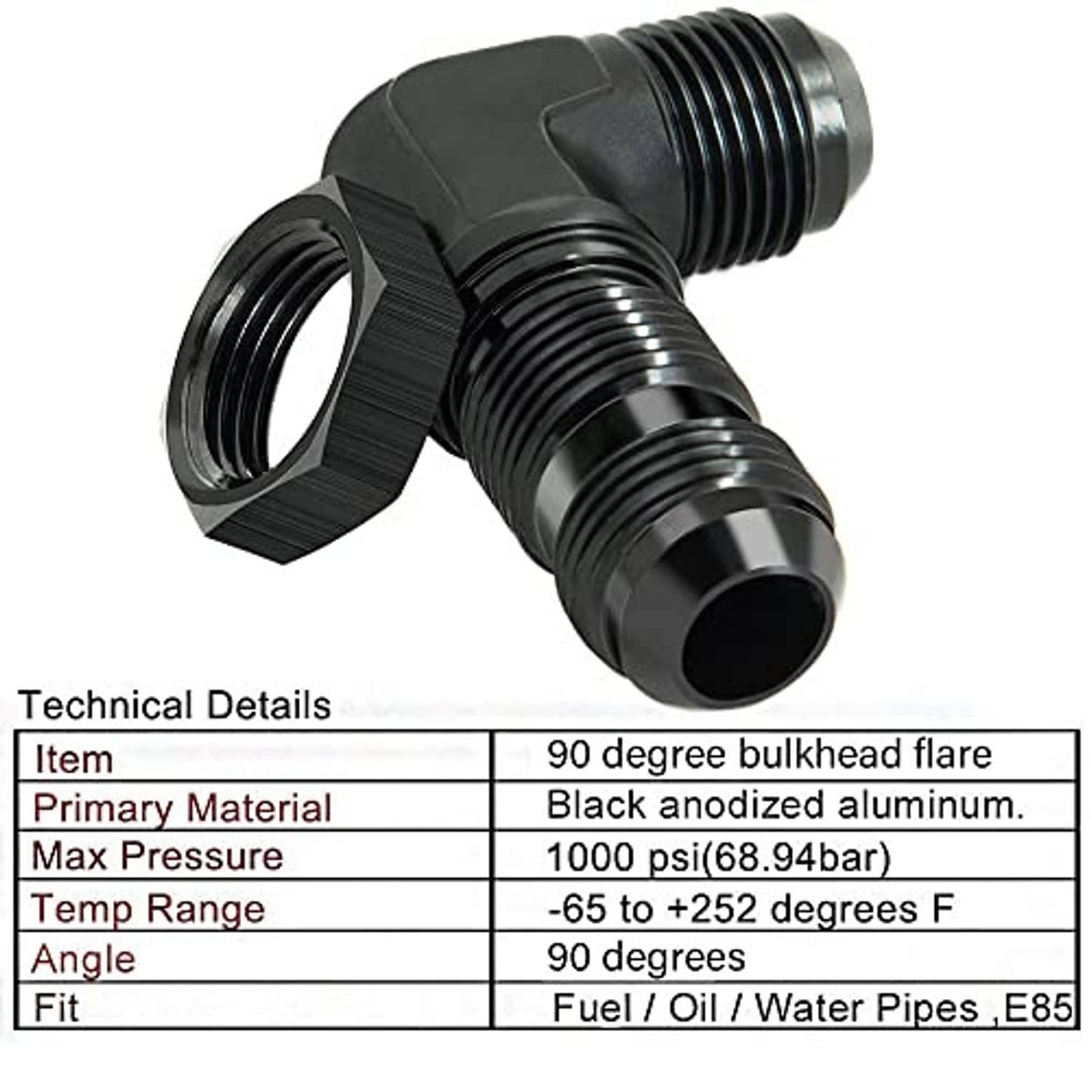 Black 90-degree bulkhead flare fitting adapter with hex nut and male thread ports