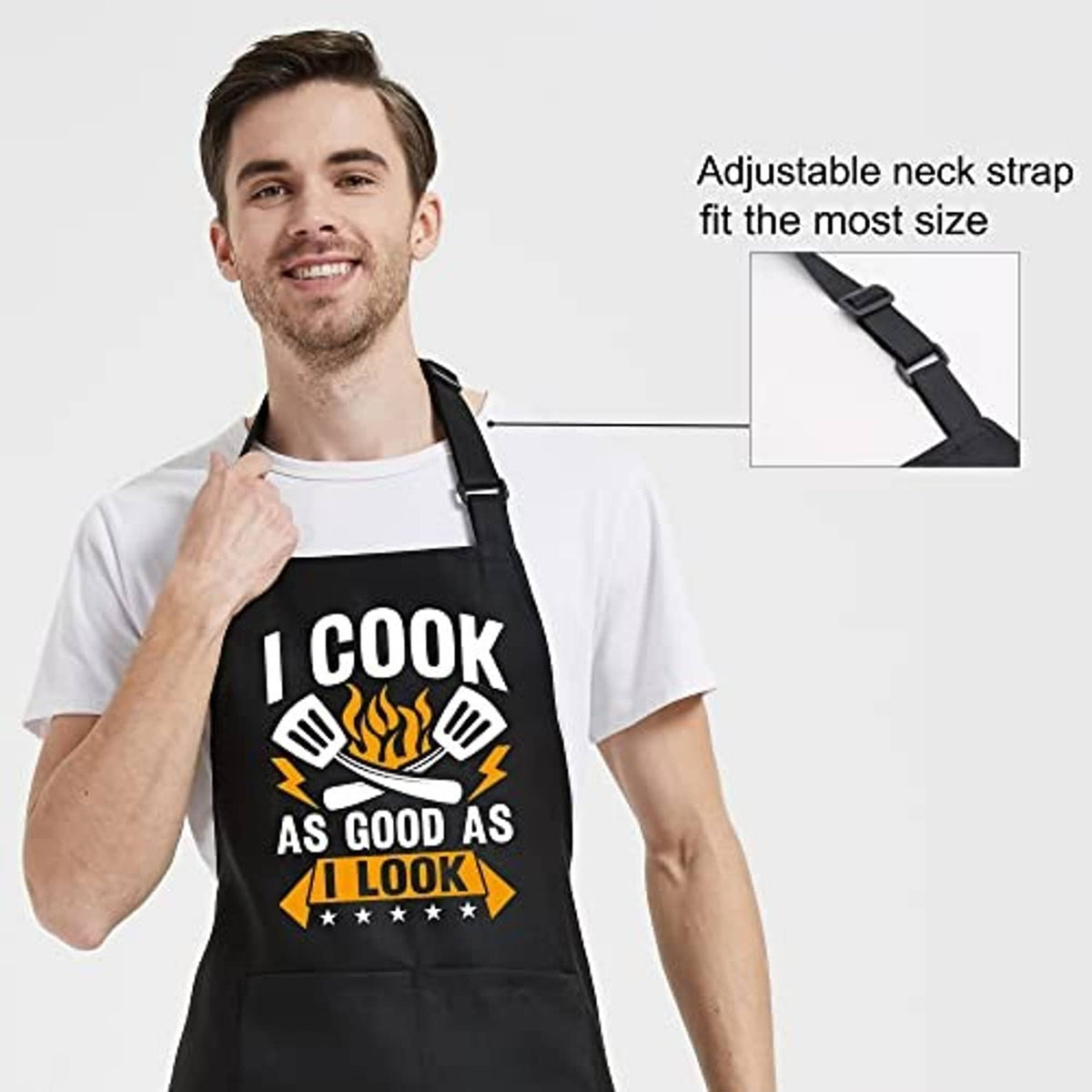 Black cooking apron with adjustable neck strap and flame slogan chest print