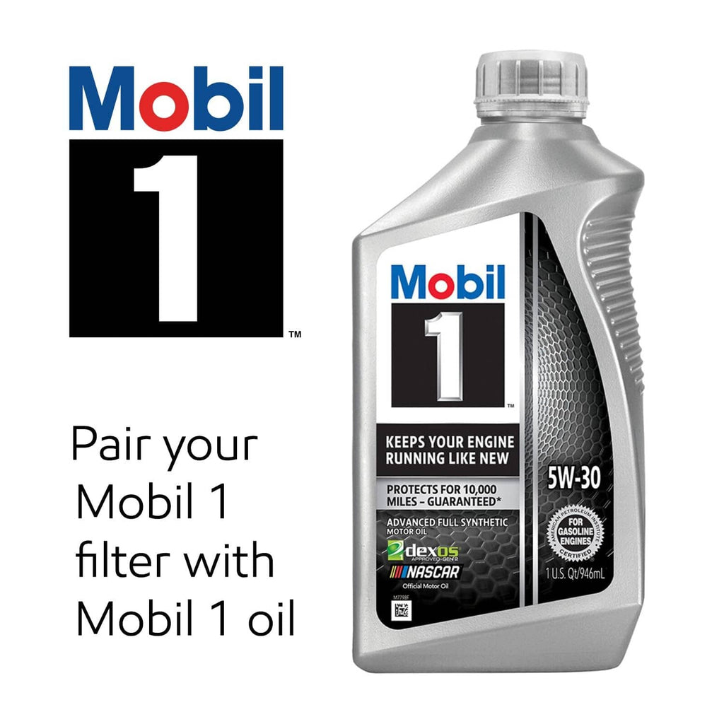 Mobil 1 5W-30 motor oil bottle shown for pairing with the oil filter