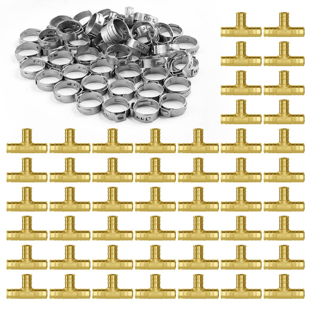Bulk set of brass clamp-style tee fittings with silver clamp rings