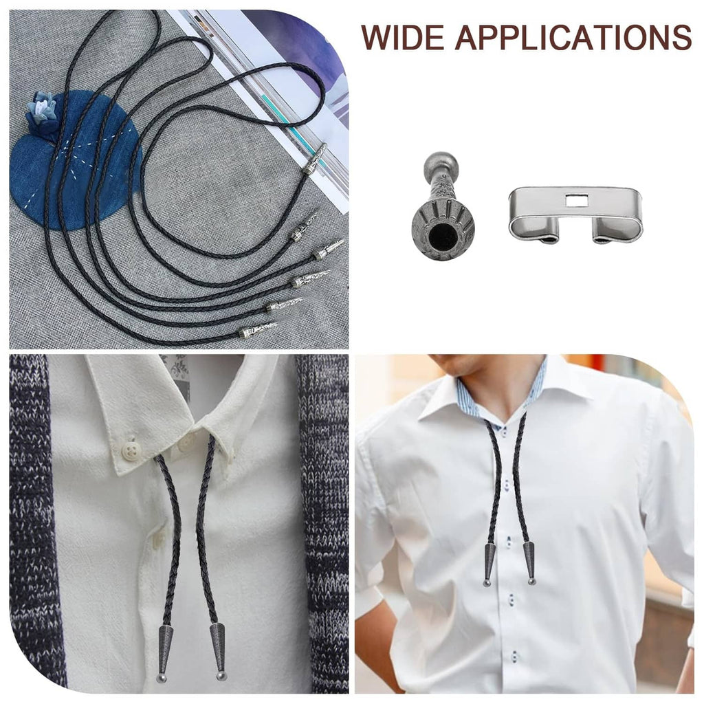 Bolo tie cord connector hardware set shown with necktie-style lanyards