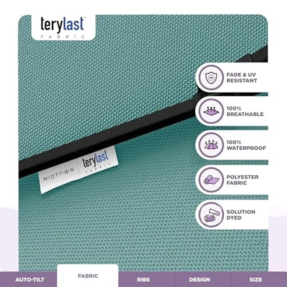 Teal Terylast fabric panel for patio umbrella with UV and fade-resistant finish