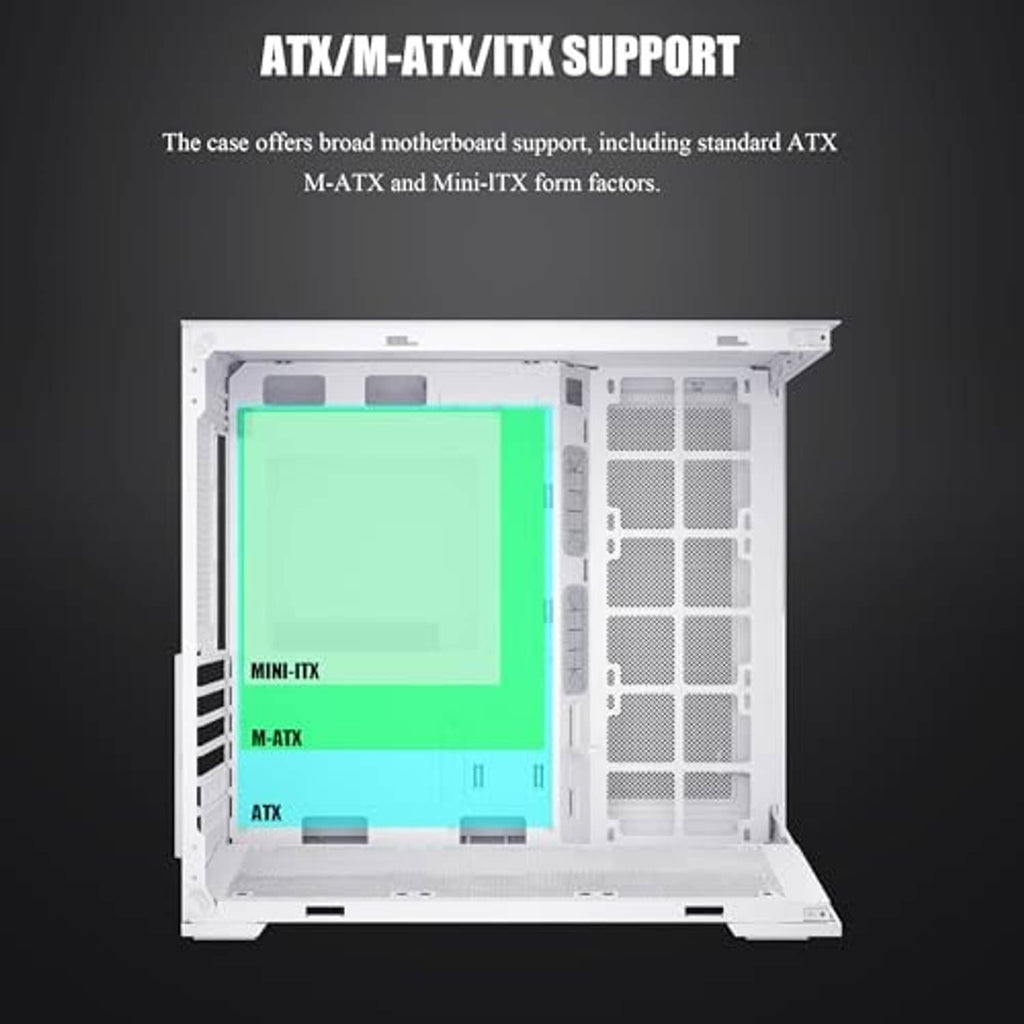 White mid-tower PC case motherboard support layout for ATX and smaller form factors