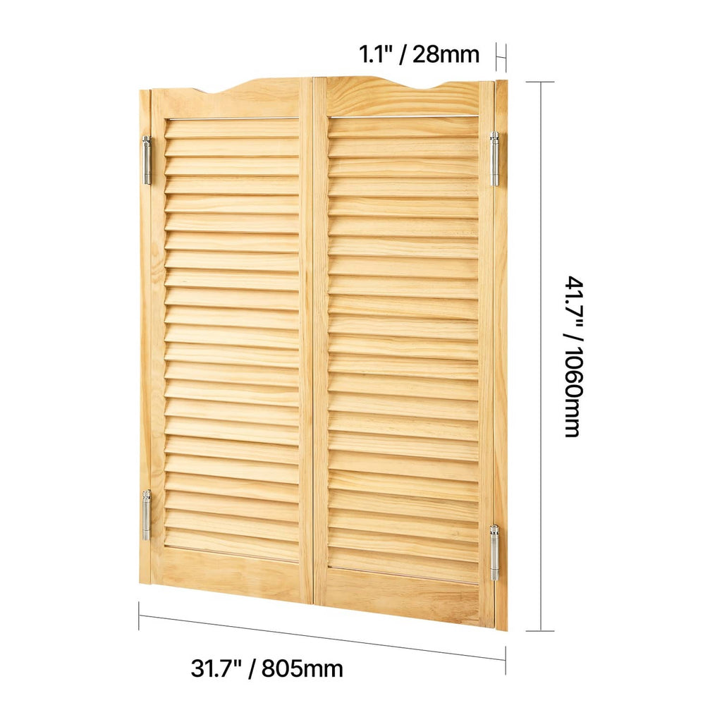 Pine wood double-swing saloon doors with shutter slats and metal hinges, side view