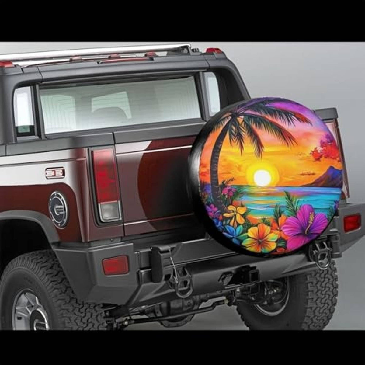 Black spare tire cover featuring palm trees over glowing sunset on tropical seascape