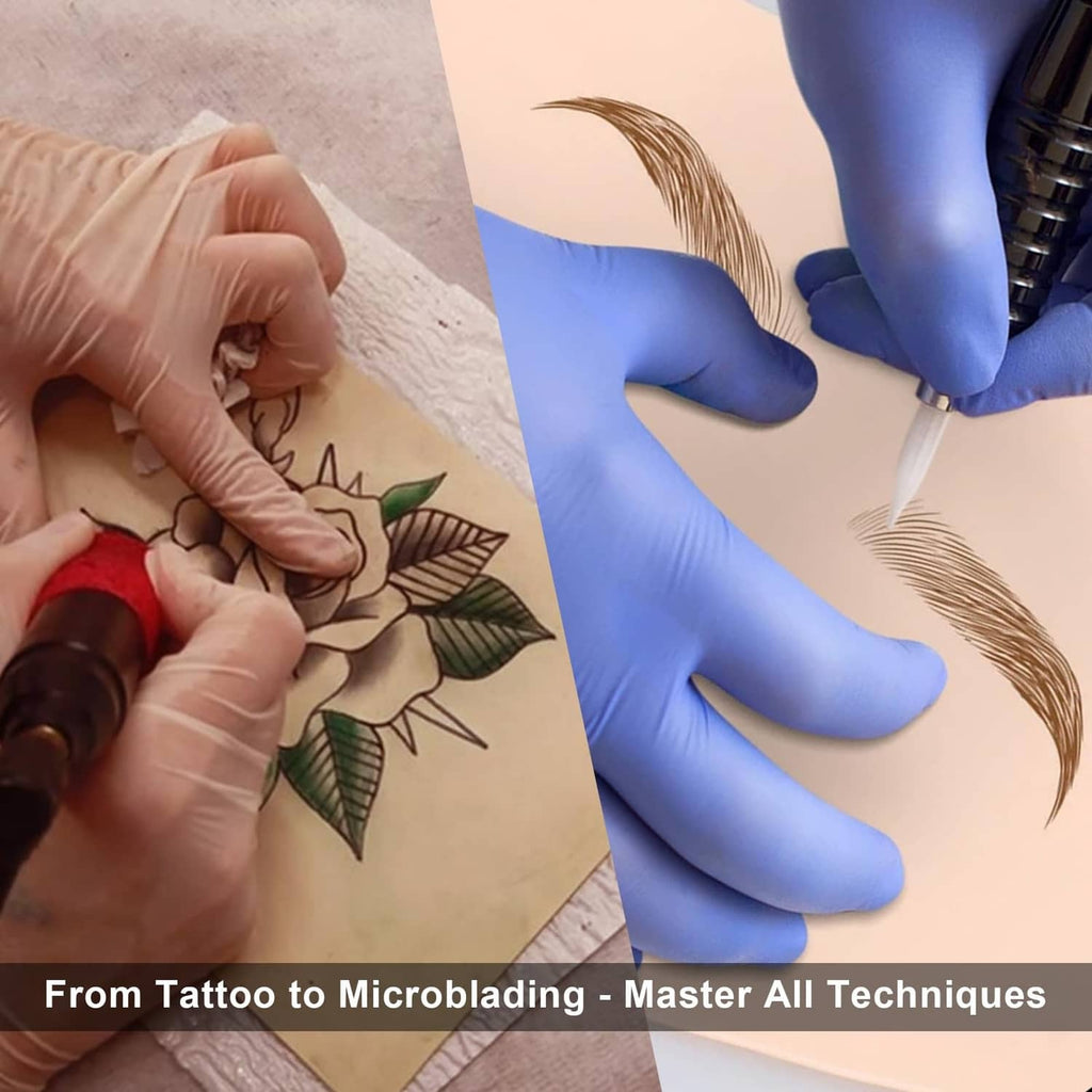 Beige tattoo practice skin with leaf design, hands applying stencil lines