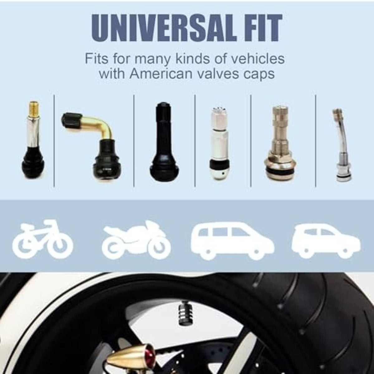 Universal tire valve stem cap set, black caps with American flag insert