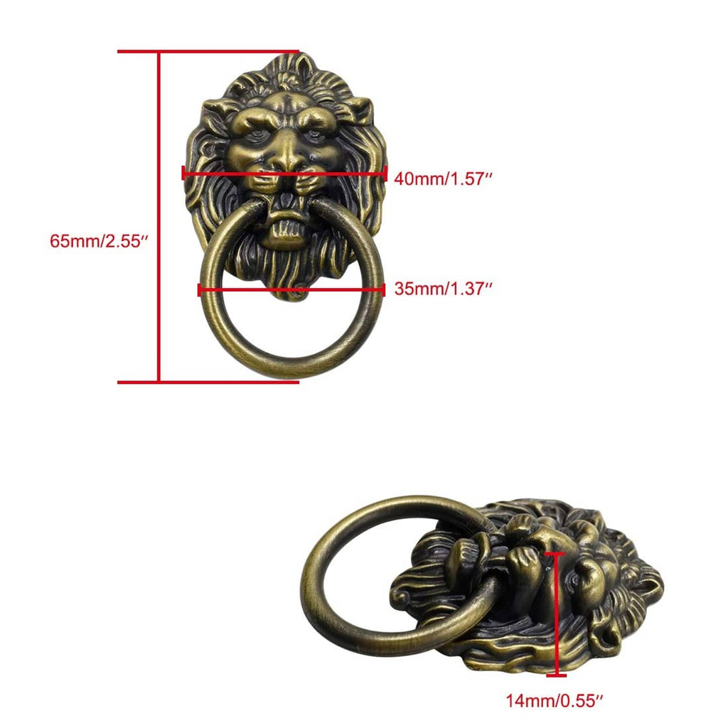 Bronze lion head cabinet knob pull with round ring, shown with size indicators