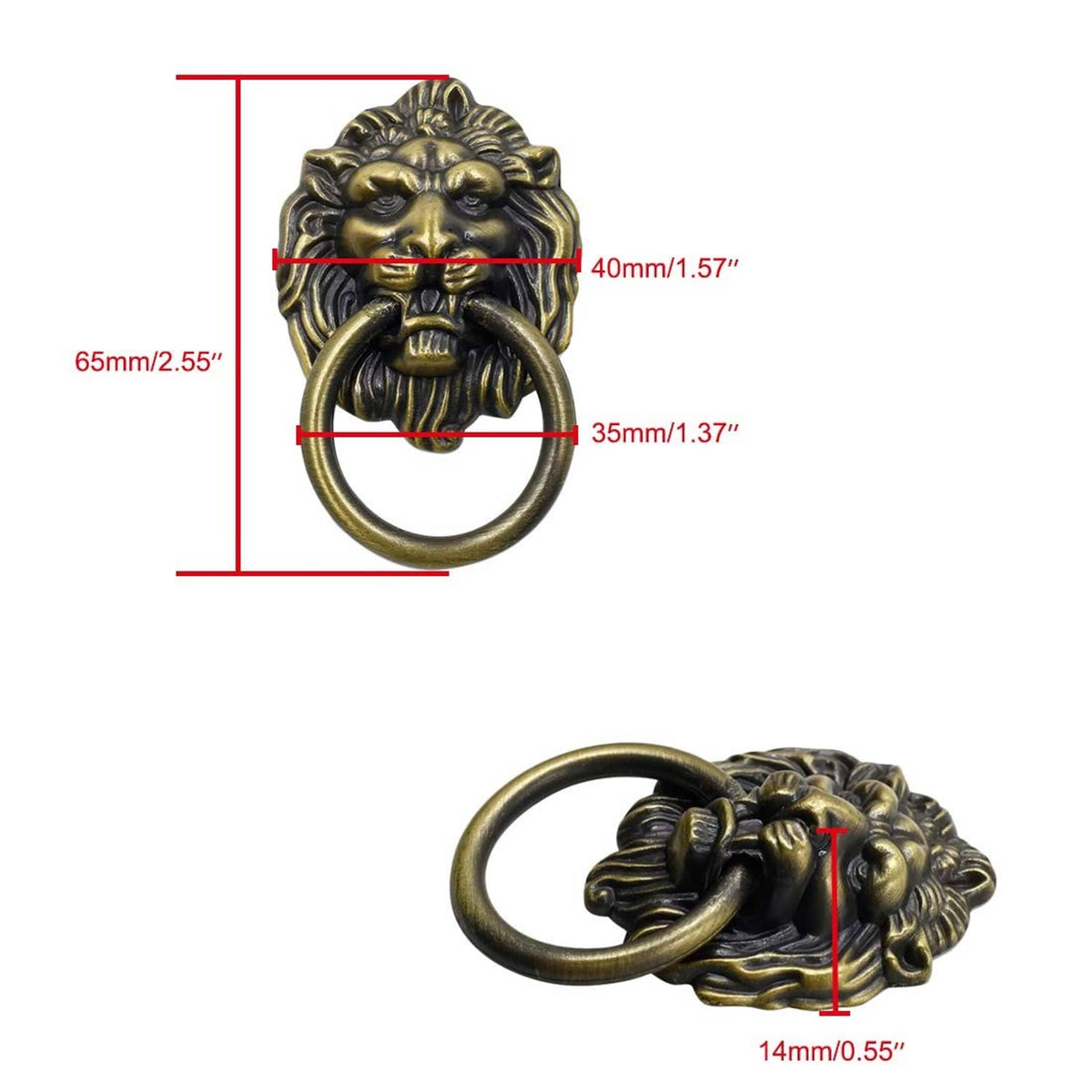 Bronze lion head cabinet knob pull with round ring, shown with size indicators