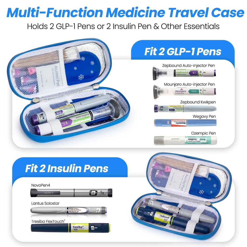 Blue medical travel case opened to show pen compartments and two blue ice pack sections