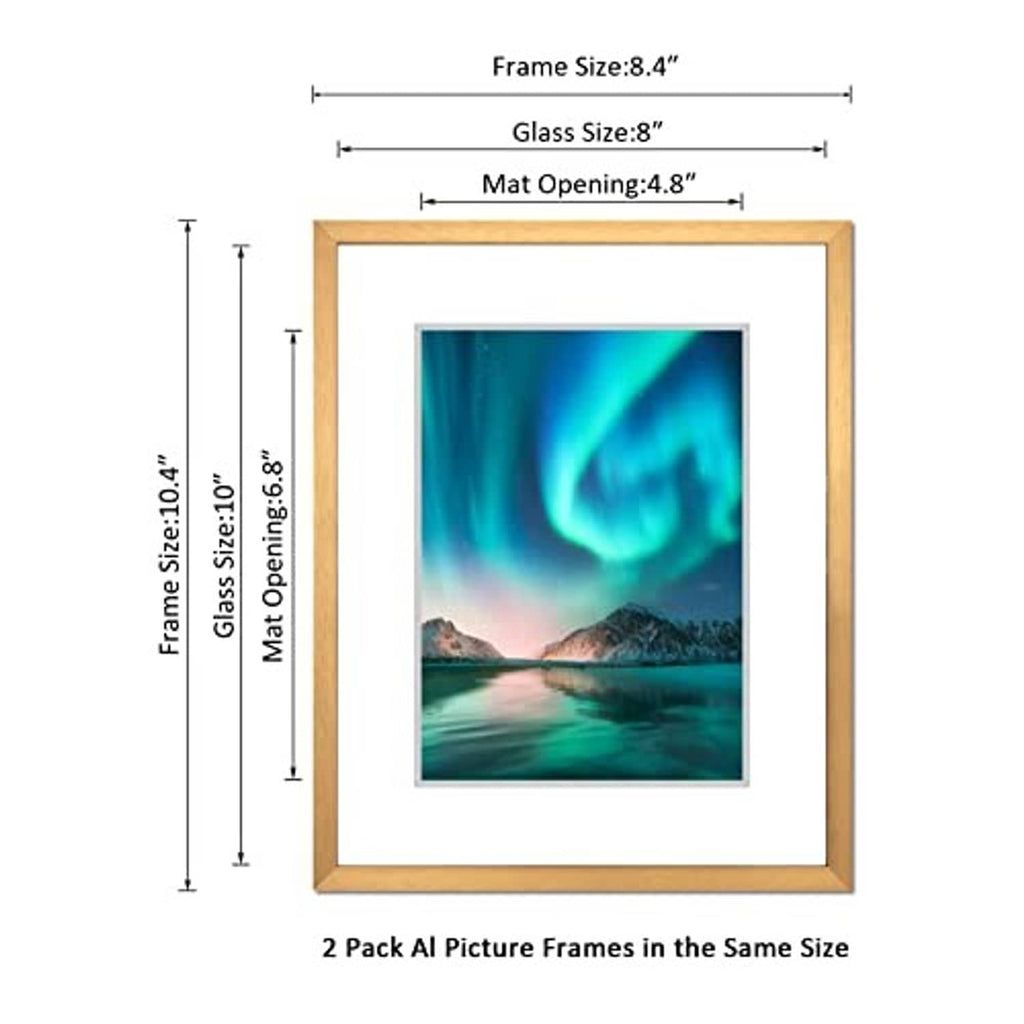 Bronze 8x10 picture frame set of 2 shown with size diagram and mat opening