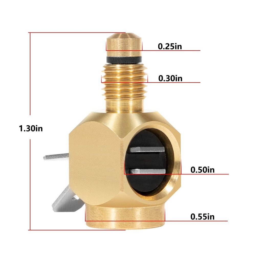 Close-up of brass thermocouple interrupter with black insert and threaded body