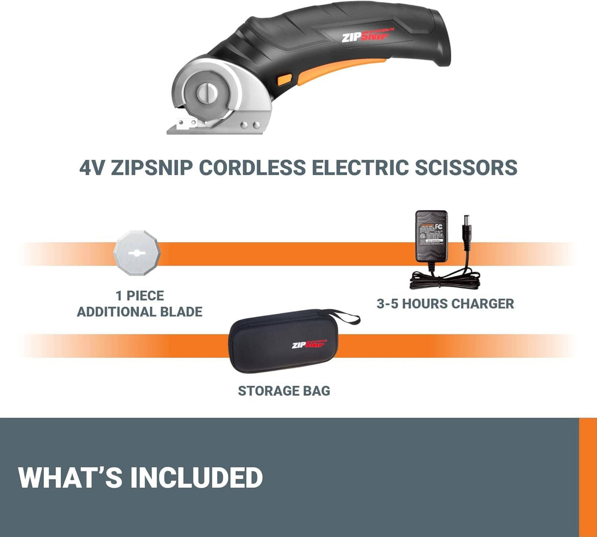 Black and orange 4V cordless electric scissors with storage bag and extra blade