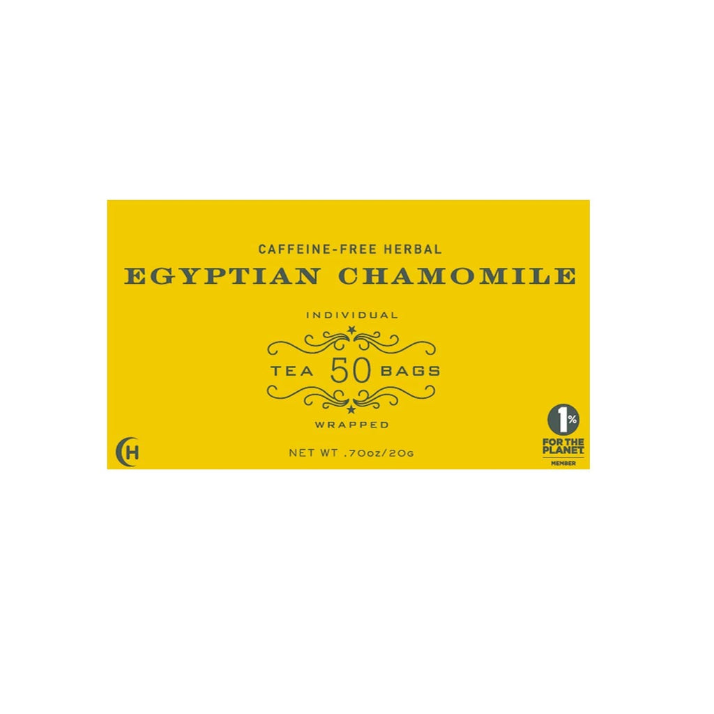 Harney & Sons Egyptian Chamomile herbal tea box front, caffeine-free, 50 wrapped bags