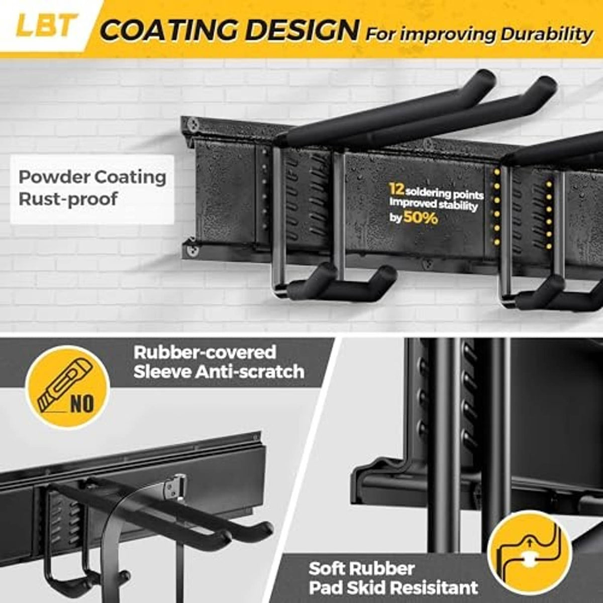 Black wall-mount tool organizer rack with powder-coated finish and rubber-covered sleeves