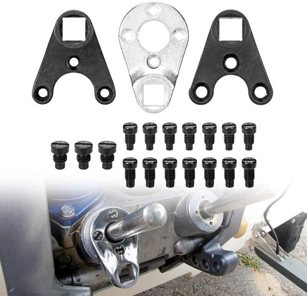 Outboard trim pin wrench tool set installed on motor, with hex screws
