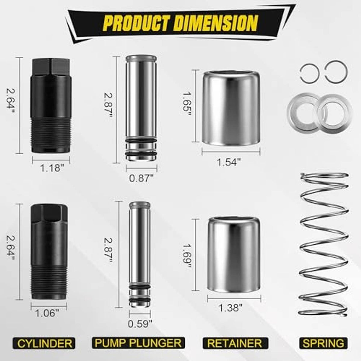 Hydraulic floor jack plunger repair kit components: cylinder, plunger, retainer, spring