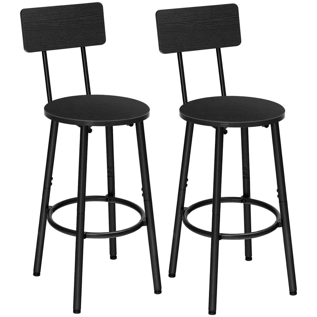 Set of 2 black bar stools with round seats, slatted legs, and circular footrests