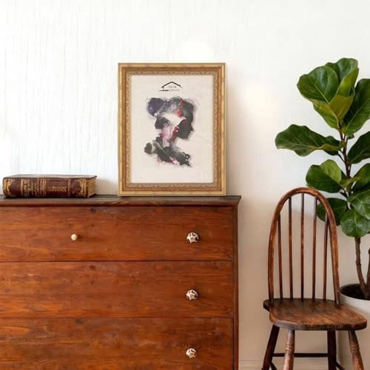 11x14 vintage picture frame with ornate border, displayed on a dresser surface