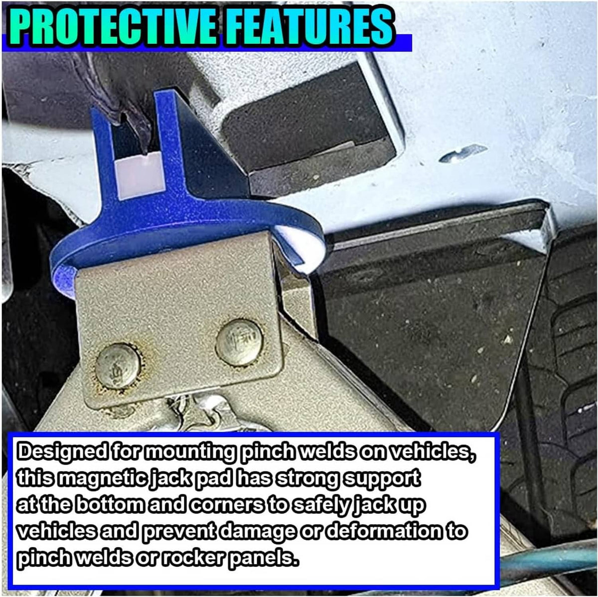 Magnetic jack pad with blue slotted base and metal plate, used on a vehicle pinch weld