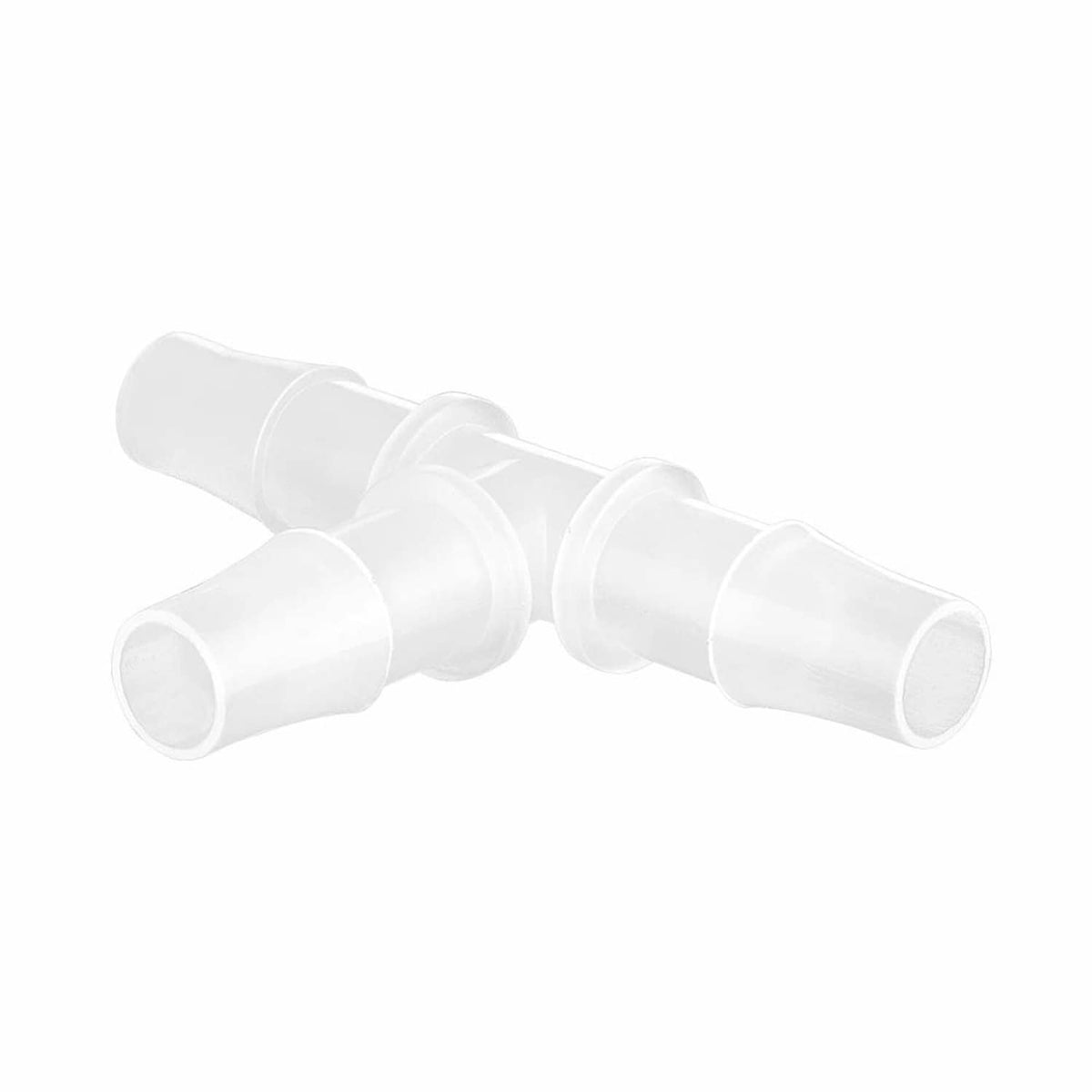 White plastic 3-way hose barb tee fitting, side view with 3 ports