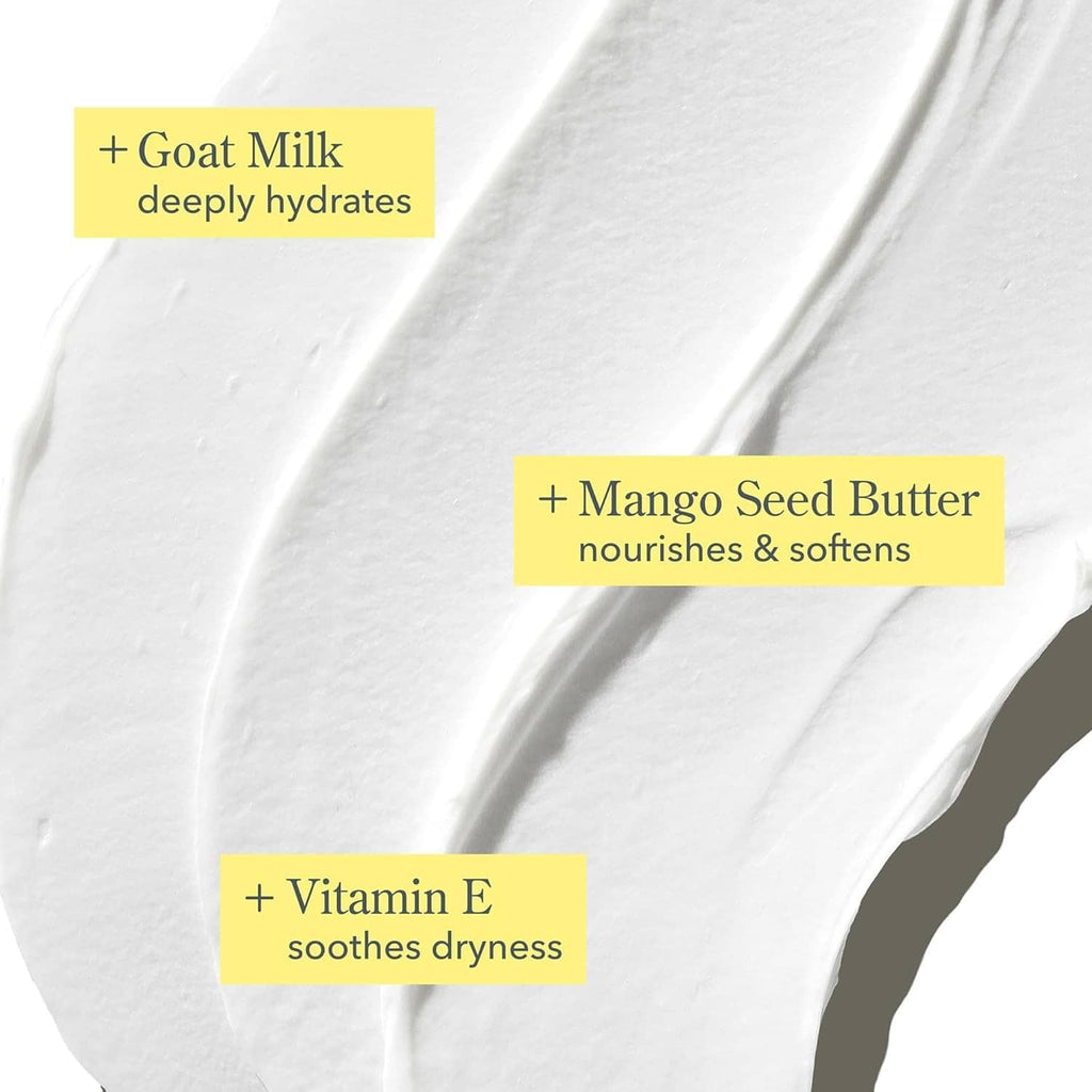 White cream swirled on fabric with ingredient benefit callouts for goat milk and vitamins