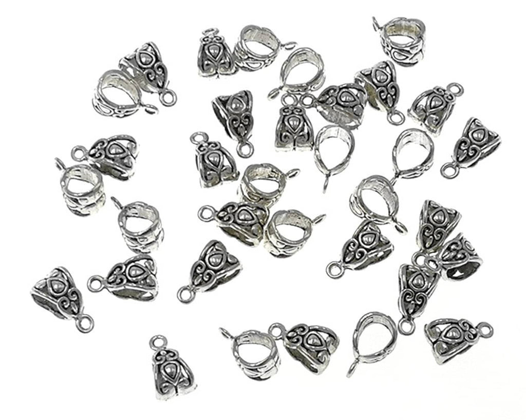 Assorted silver heart bail connectors with top loops and ornate swirls