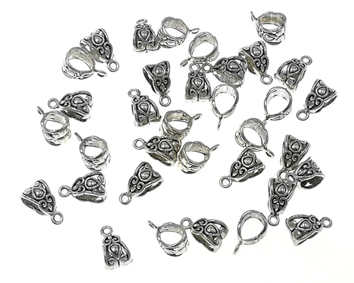 Assorted silver heart bail connectors with top loops and ornate swirls