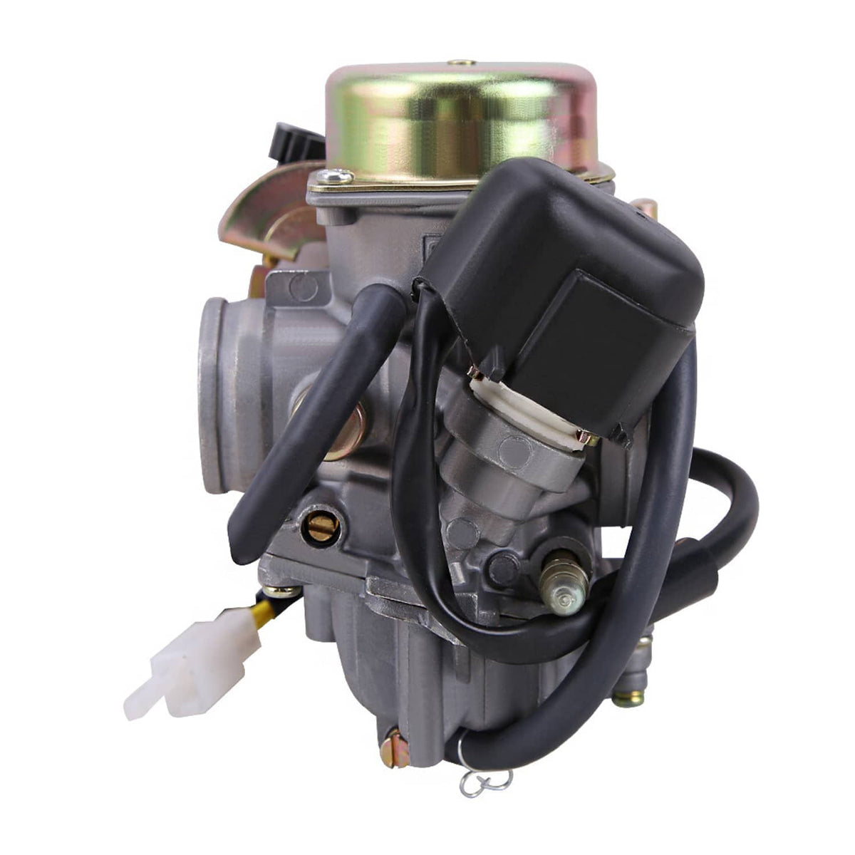 30mm GY6 carburetor rear view with black intake boot and wiring/hoses connection