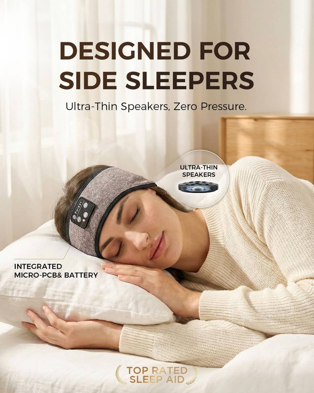 Fulext sleep headphone headband with slim speakers; dark heather fabric and control buttons