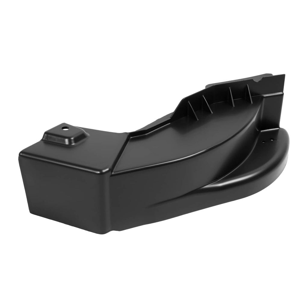 Black mulching plug chute with raised baffles and curved discharge cover