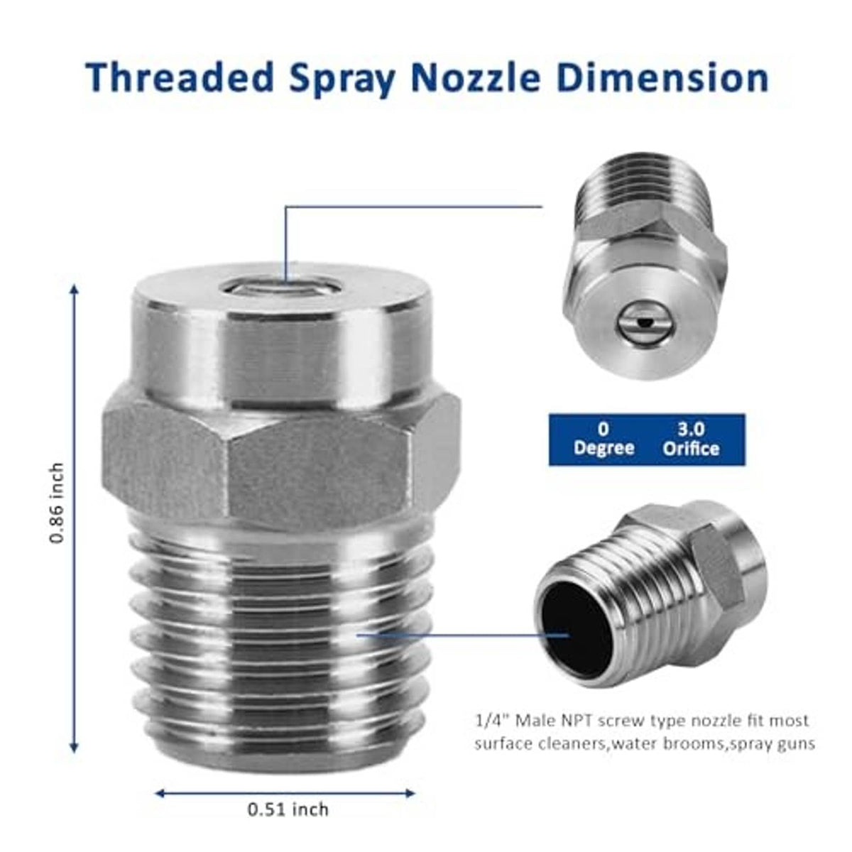 Threaded spray nozzle tip with hex head, male threads, and centered outlet opening