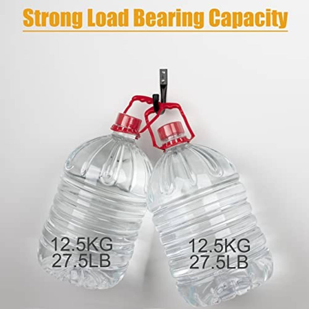Black metal wall hook and mounting plate holding a clear plastic weight bag