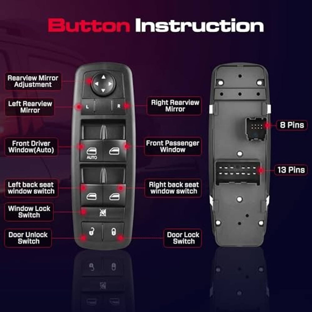 Power window switch with illustrated button layout for mirror and window controls