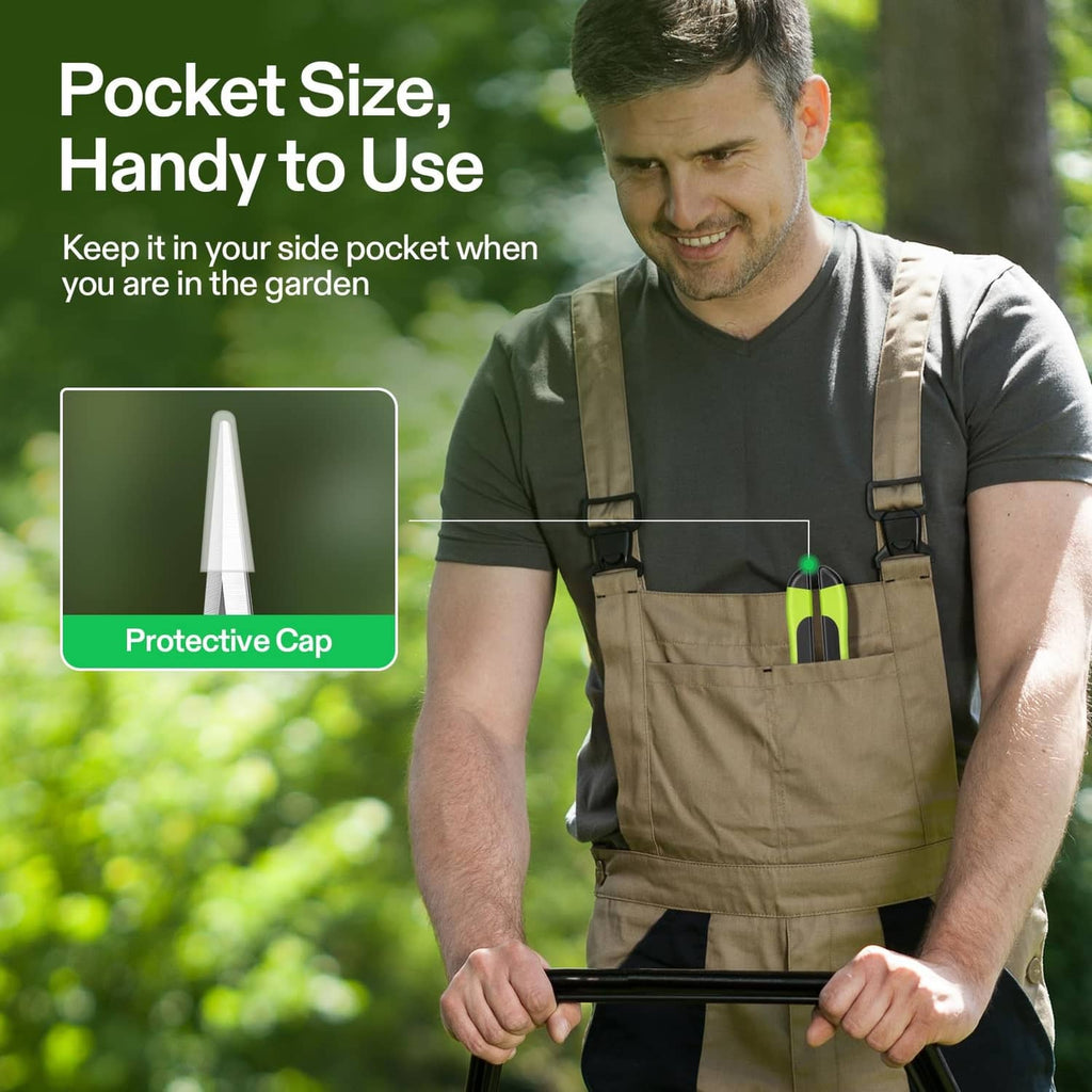 Garden scissors with black blades, green-and-black handles, protective cap on tip
