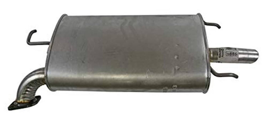 Direct-fit exhaust muffler, dark steel canister with side inlet pipe and hanger brackets