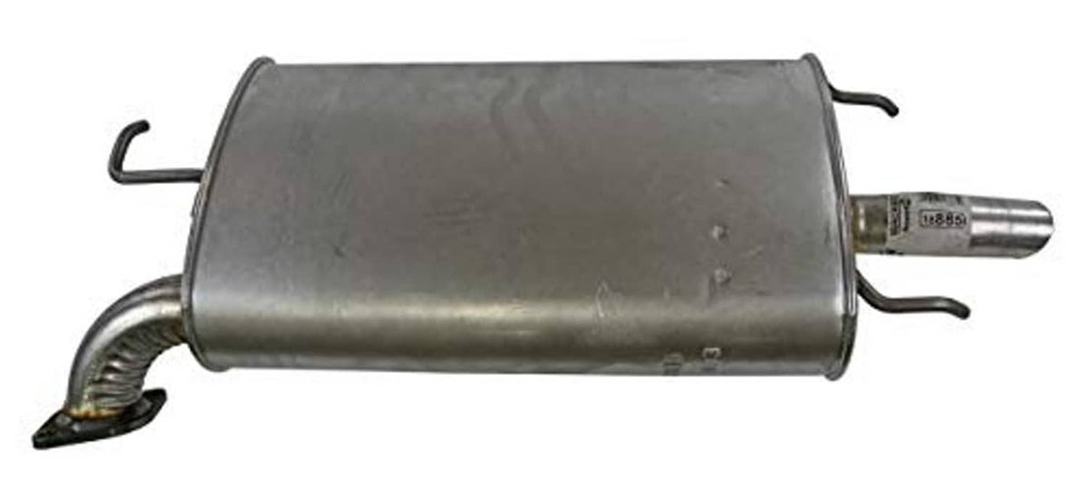 Direct-fit exhaust muffler, dark steel canister with side inlet pipe and hanger brackets