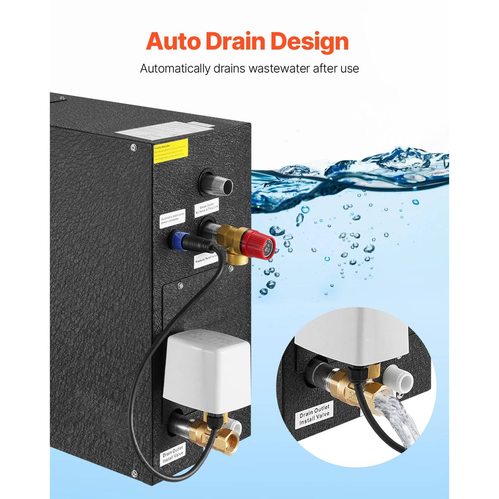 Steam generator controller with auto-drain outlet and water drain valve detail