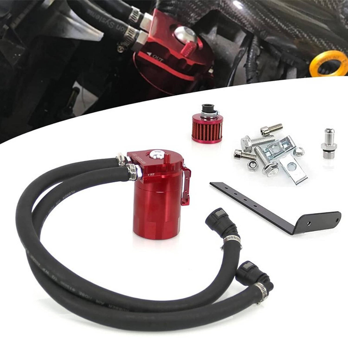 Red oil catch can tank with black hose, bracket, and included metal hardware